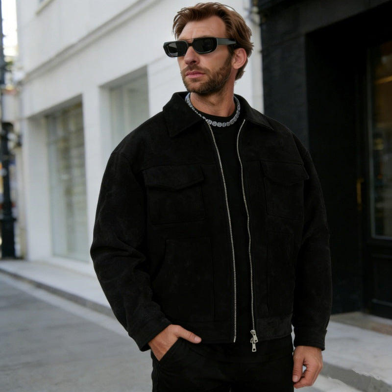 Herren nan oversized Velourslederjacke mit Reißverschluss, Hemdkragen und aufgesetzten Pattentaschen Echo Archiv