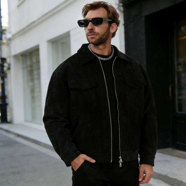 Herren nan oversized Velourslederjacke mit Reißverschluss, Hemdkragen und aufgesetzten Pattentaschen Echo Archiv
