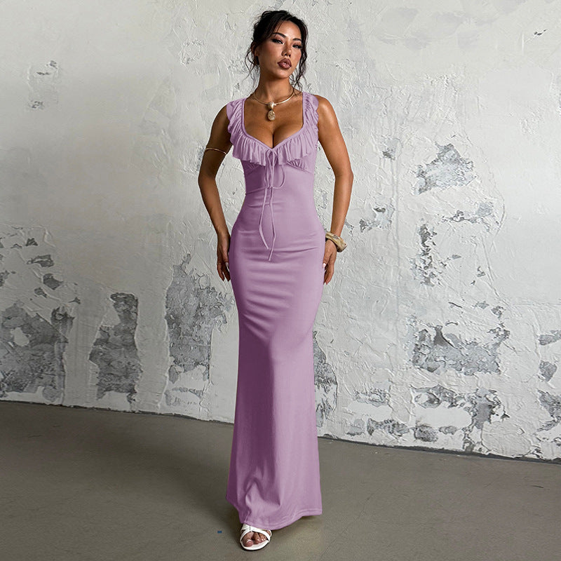 Damen figurbetontes Maxikleid mit Rüschendetails und V-Ausschnitt Echo Archiv