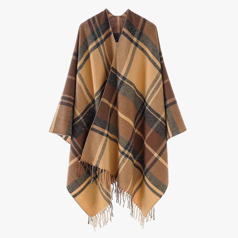 Damen Karierter Cape-Überwurf im Oversize-Stil aus Wollmix mit Fransensaum – Montévia