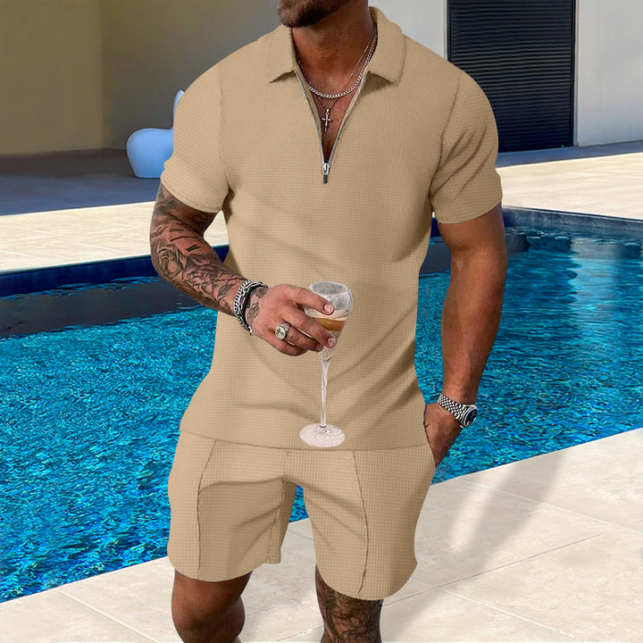 Herren lässiges Polo- und Shorts-Set mit Reißverschluss und strukturierter Oberfläche Echoarchiv