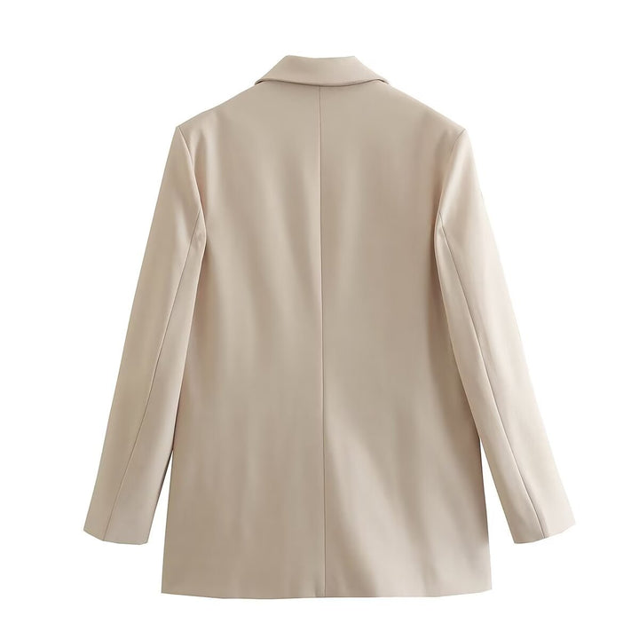 Damen figurbetonter zweireihiger Longblazer mit spitzem Revers leicht verlängertem Saum und Pattentaschen – Valéne