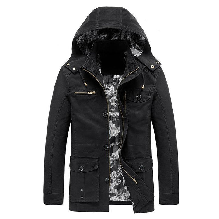 Herren mittellange Canvas-Fieldjacke mit Kapuze, Cargo‑Taschen und Camouflage‑Innenfutter Echo Archiv