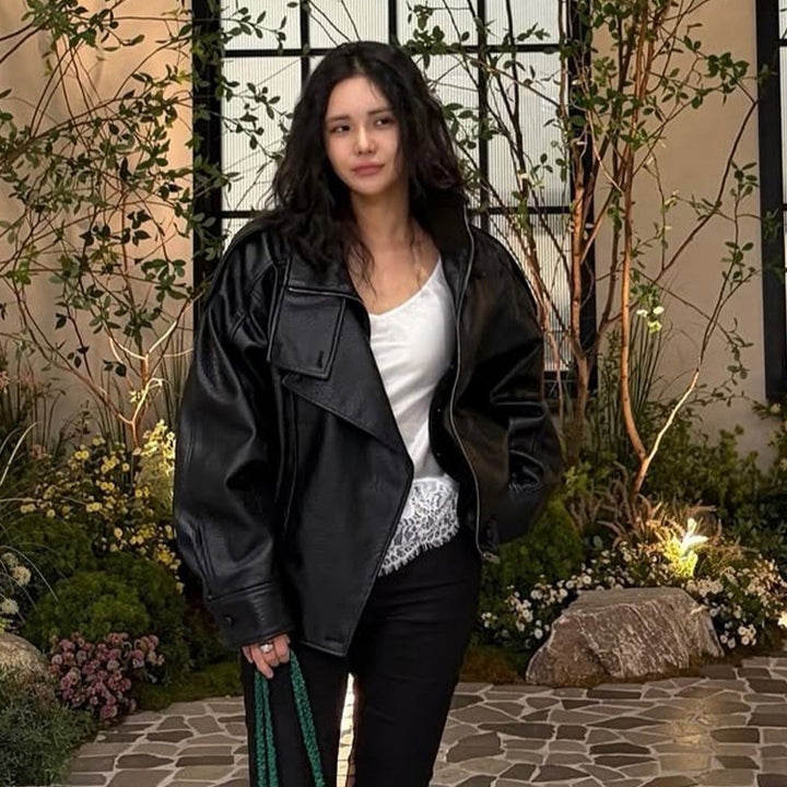Damen Boxy-Lederimitat-Blouson mit strukturierter Narbung, doppelreihiger Knopfleiste & elastischem Saum Echoarchiv