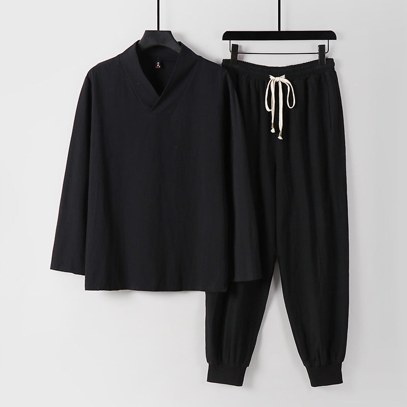 Herren Leichtes Kimono-Loungewear-Set aus Baumwollmix mit V‑Ausschnitt und elastischer Bündchenhose Echoarchiv