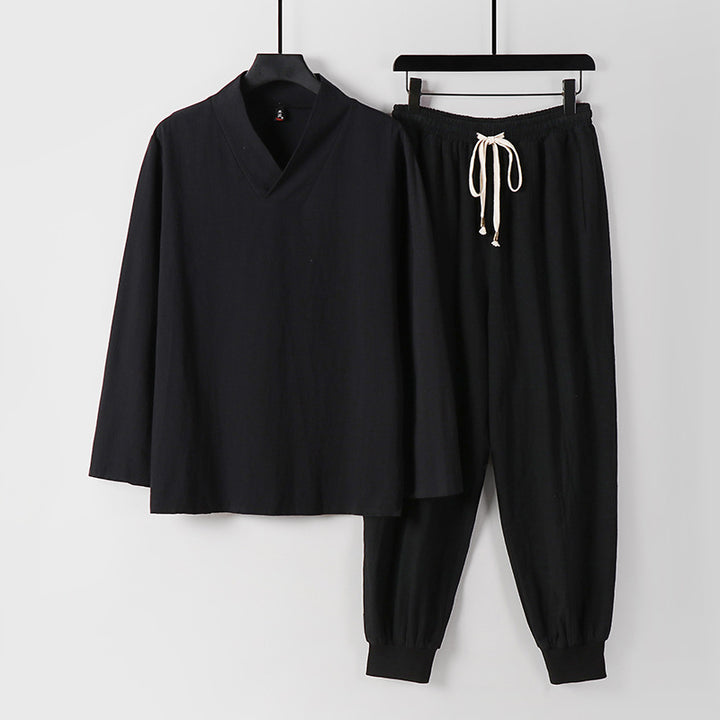 Herren Leichtes Kimono-Loungewear-Set aus Baumwollmix mit V‑Ausschnitt und elastischer Bündchenhose Echoarchiv