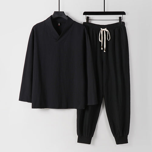 Herren Leichtes Kimono-Loungewear-Set aus Baumwollmix mit V‑Ausschnitt und elastischer Bündchenhose Echoarchiv