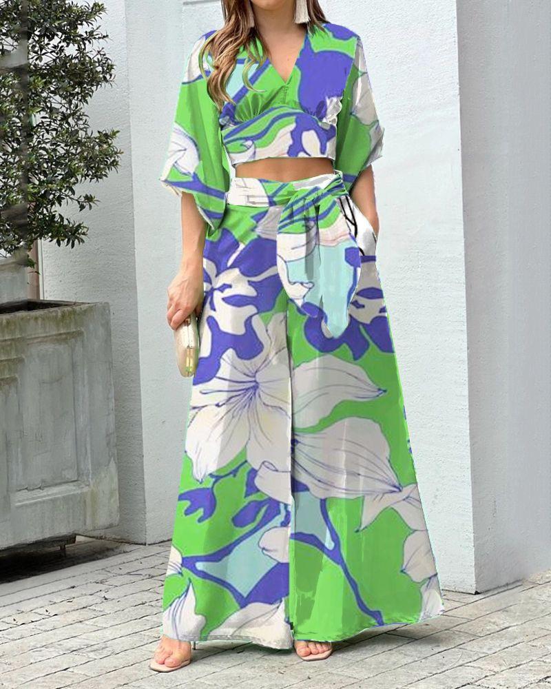 Damen Zwei-Teiler Sommer Set mit Wickel-Crop-Top und Hochtaillierten Palazzo-Hosen EB – Élanora