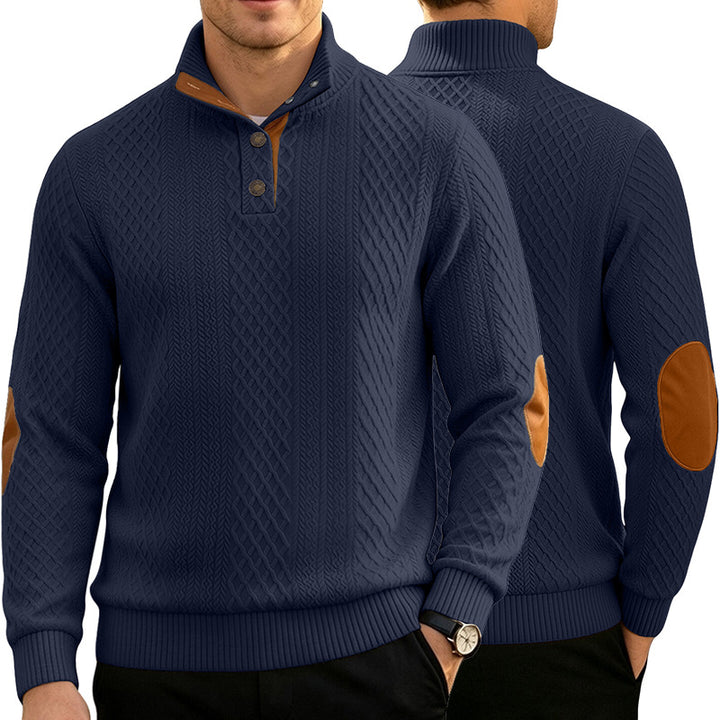 Herren Kabelstrick Troyer Pullover mit Stehkragen und Lederoptik-Ellbogen-Patches – Norvane