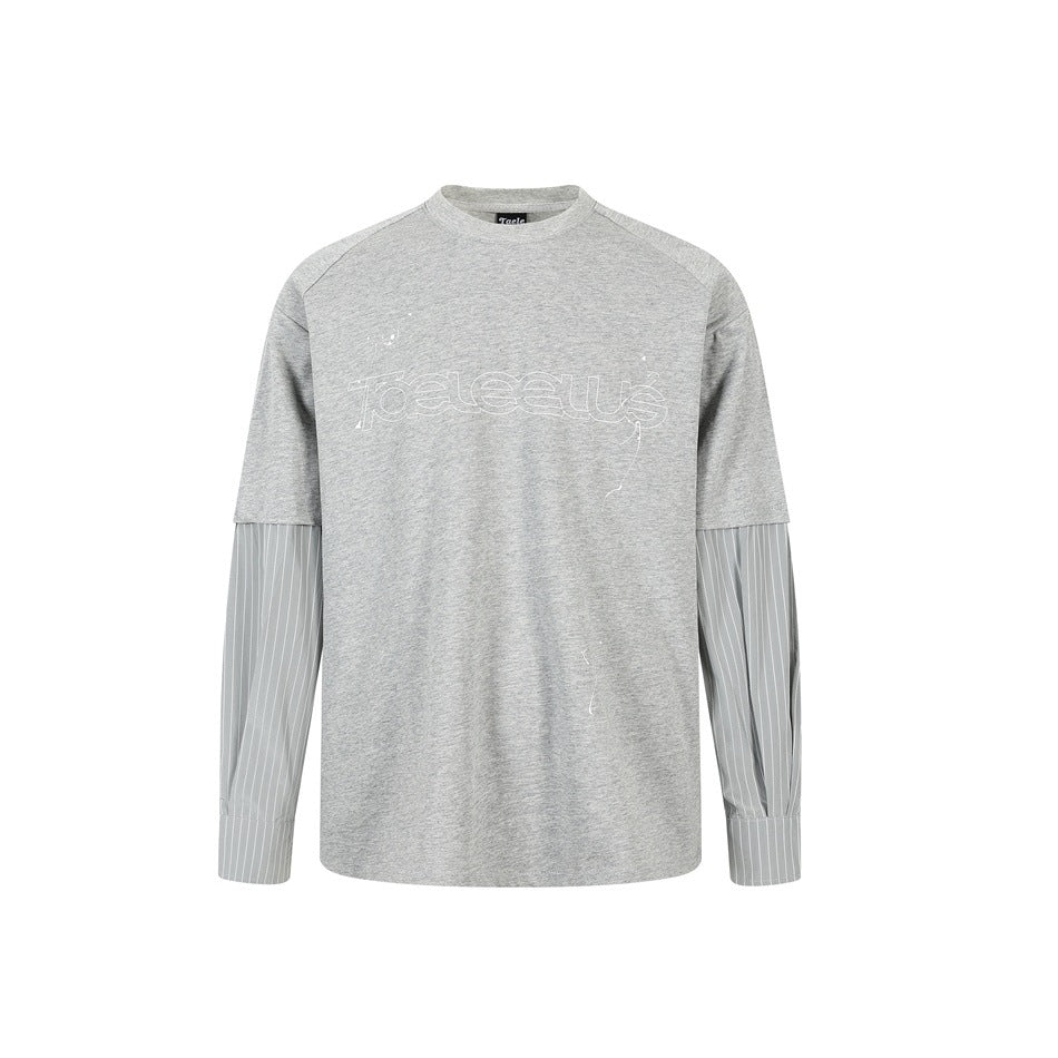 Unisex Lagen-Langarmshirt mit Halbarm-Overlay, gestreiften Einsatzärmeln und Ton-in-Ton-Logo Echoarchiv