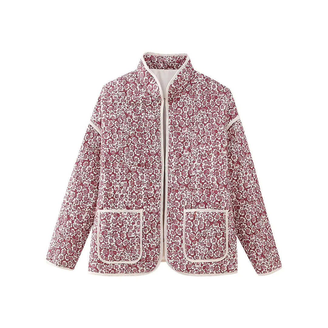 Damen gesteppte Blumenjacke mit Stehkragen Reißverschluss und aufgesetzten Taschen – Célinea