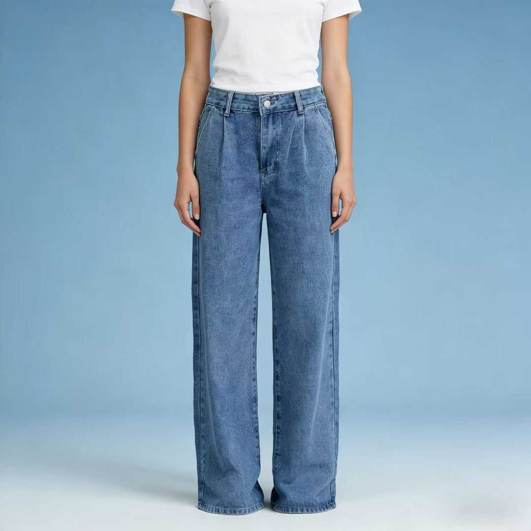 Damen nan hochgeschnittene Bundfalten-Weitbein-Jeans mit hohem Bund und Gürtelschlaufen Echo Archiv
