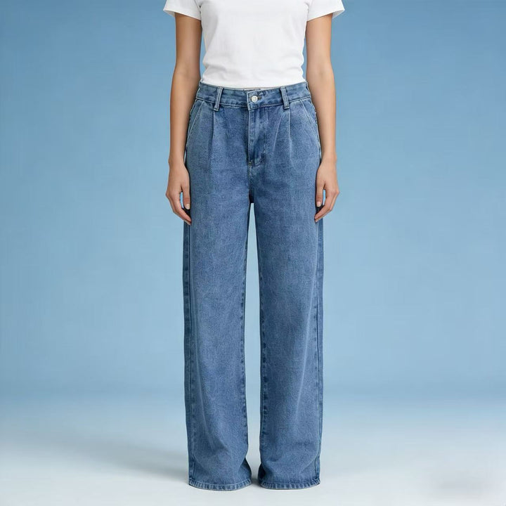Damen nan hochgeschnittene Bundfalten-Weitbein-Jeans mit hohem Bund und Gürtelschlaufen Echo Archiv