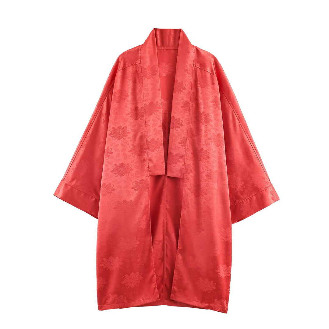 Damen Kimono-Wickelbluse aus Jacquard mit Federrüschensäumen Echo Archiv