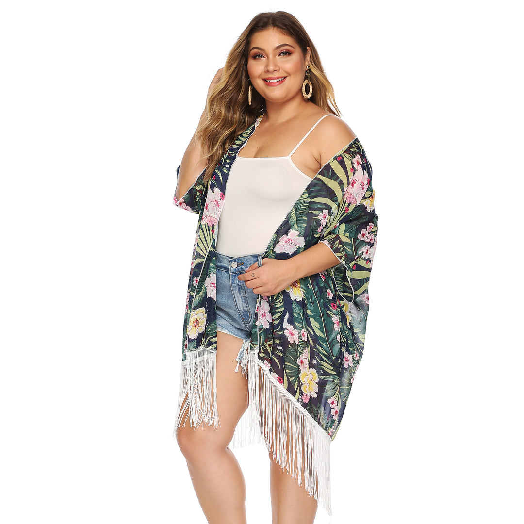 Damen luftiger Strandkimono mit fransigen Akzenten Echo Archiv