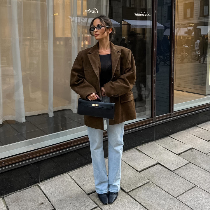 Damen Oversized Veloursleder-Blazer mit Revers und Pattentaschen Echoarchiv
