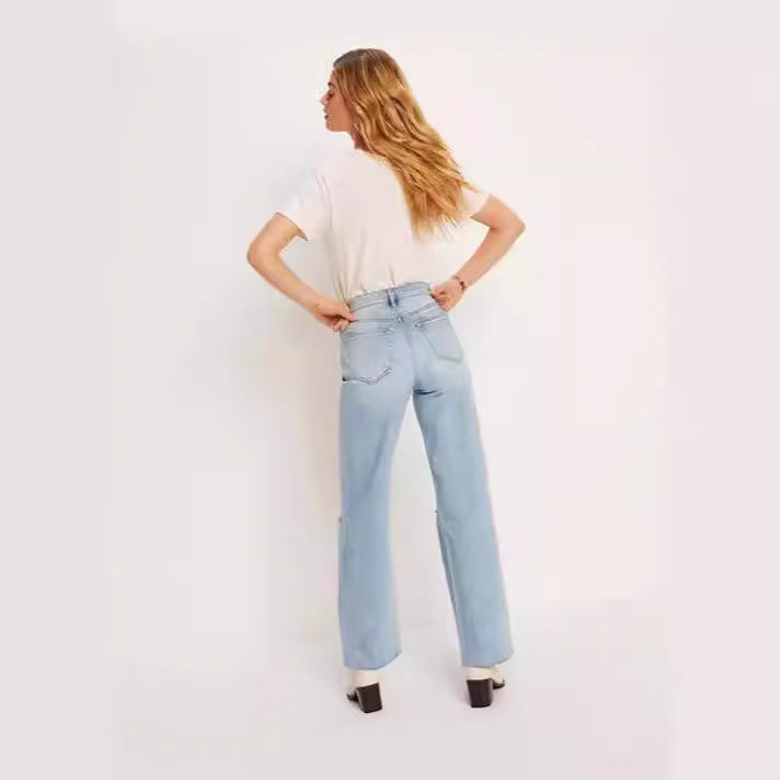Damen High-Waist Jeans mit fransigem Saum und modischen Rissdetails Echo Archiv