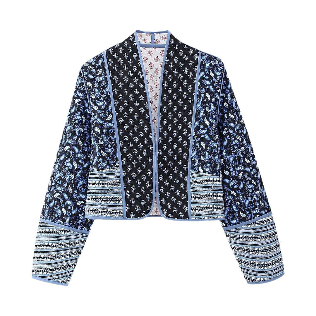 Damen Kurze gesteppte Patchwork‑Jacke mit Paisley‑ und Blumenprints, offener Kimono‑Schnitt und Kontrastpaspel Echo Archiv
