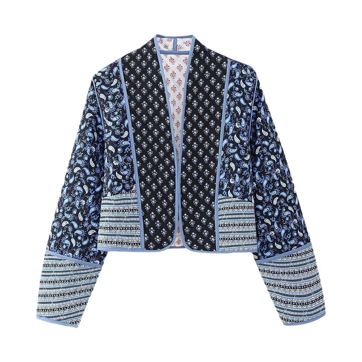 Damen Kurze gesteppte Patchwork‑Jacke mit Paisley‑ und Blumenprints, offener Kimono‑Schnitt und Kontrastpaspel Echo Archiv