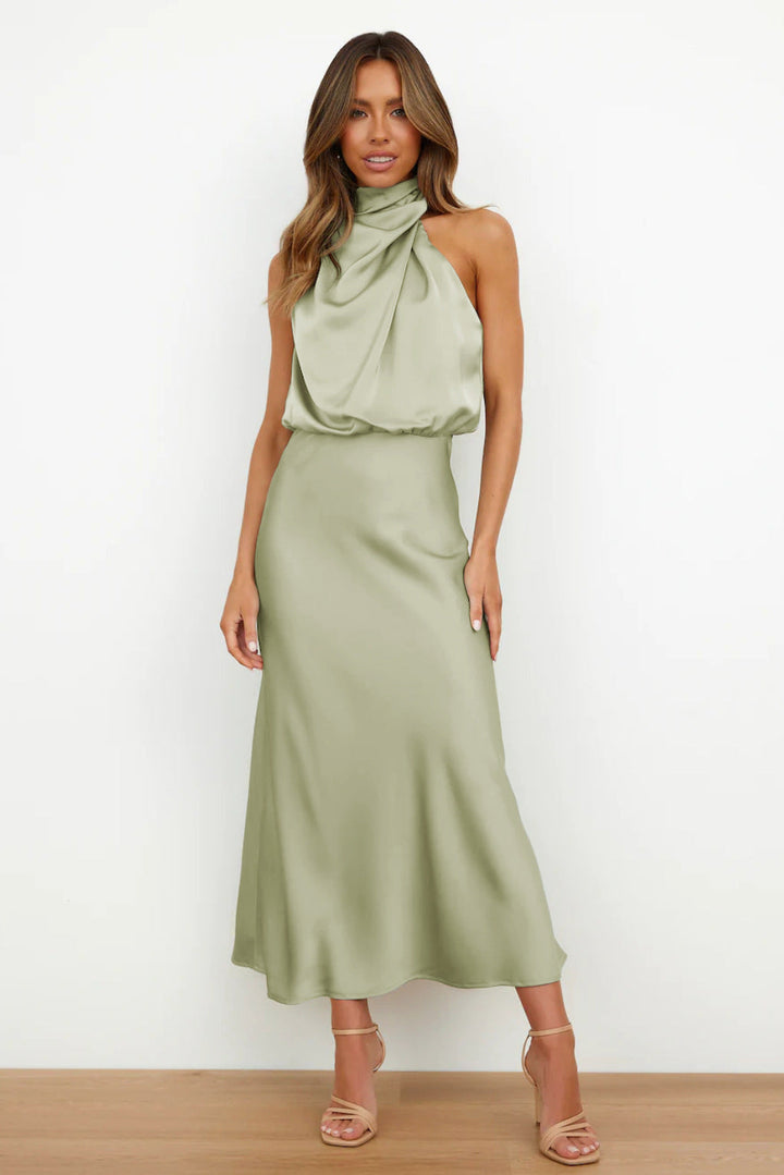 Damen Fließendes Maxikleid mit elegantem Stehkragen und Drapierung Echoarchiv