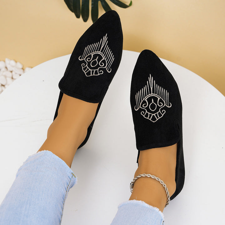 Damen nan bestickte Wildlederoptik-Slipper mit spitzer Leistenform und flacher rutschfester Gummisohle Echo Archiv