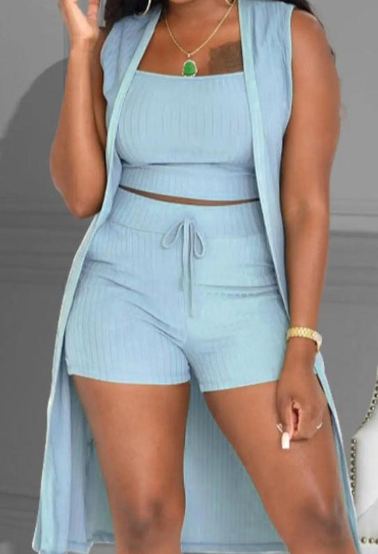 Damen lässiges 3-teiliges Set bestehend aus Crop-Top, Shorts und langem Cardigan Echo Archiv