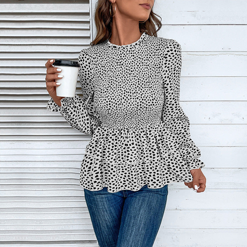 Damen Gesmokte Volant-Bluse mit Rüschen-Taille und langen Ärmeln Echoarchiv