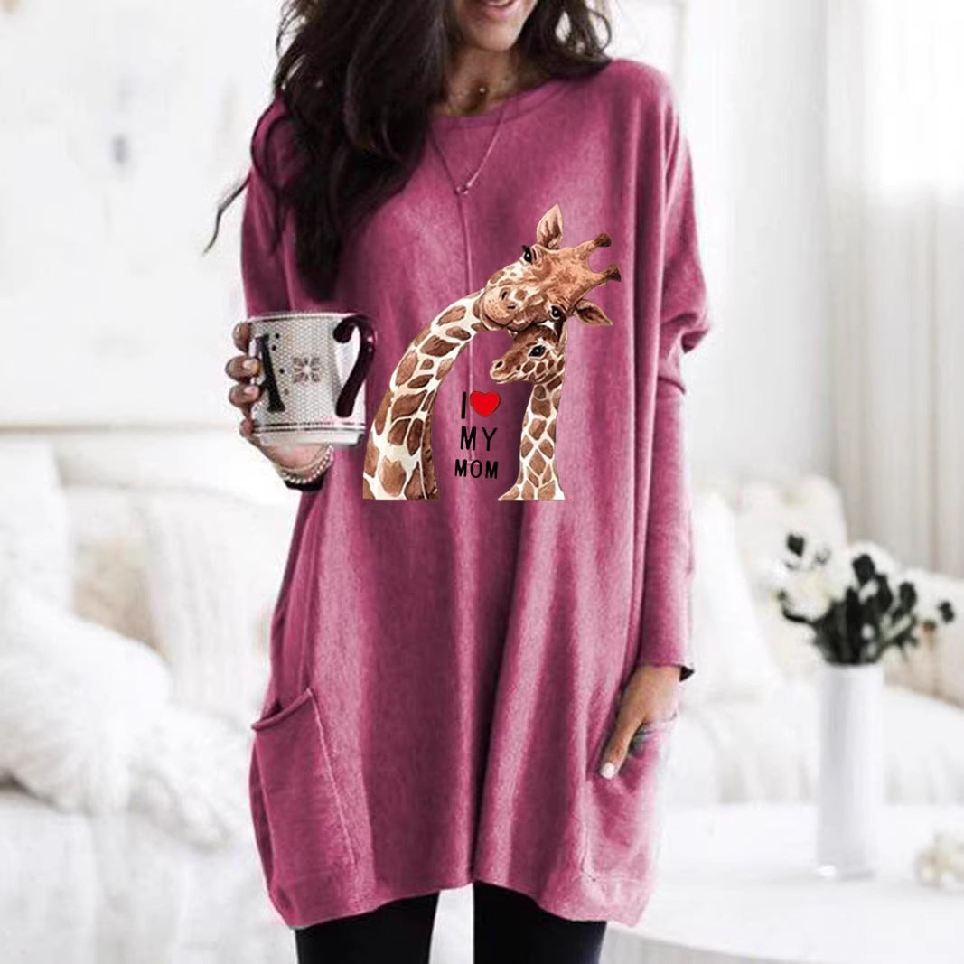 Frauen Übergroße Sweatkleid mit Giraffenmuster, Rundhalsausschnitt und Seitentaschen Echoarchiv