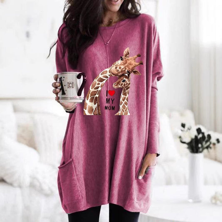Frauen Übergroße Sweatkleid mit Giraffenmuster, Rundhalsausschnitt und Seitentaschen Echoarchiv