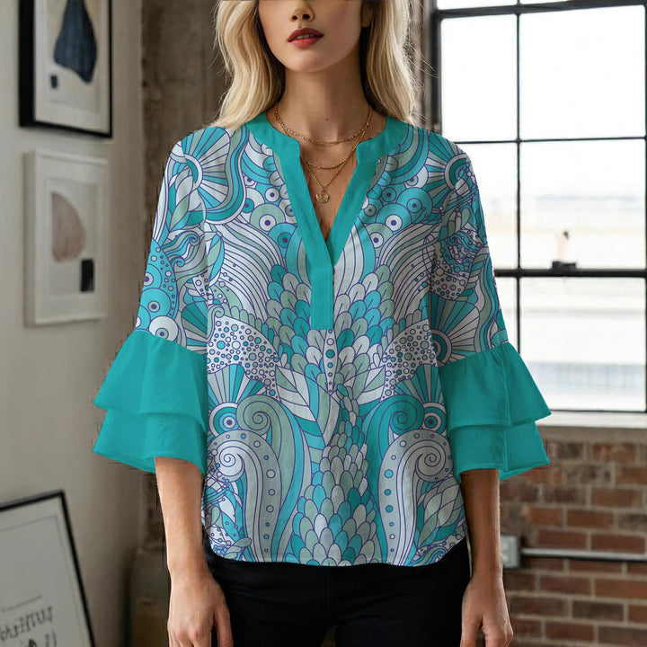 Damen Bluse mit voluminösen Rüschenärmeln und kreativem Floraldesign Echo Archiv
