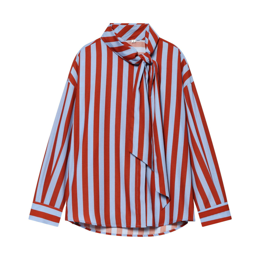 Damen Oversize Bluse mit Schleifenkragen und feinen Streifen Echo Archiv