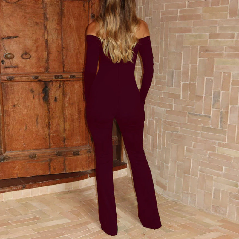 Damen schulterfreier figurnahe Jumpsuit mit Schnür-Bustier, Hüftraffung und Schlaghose – Avérine