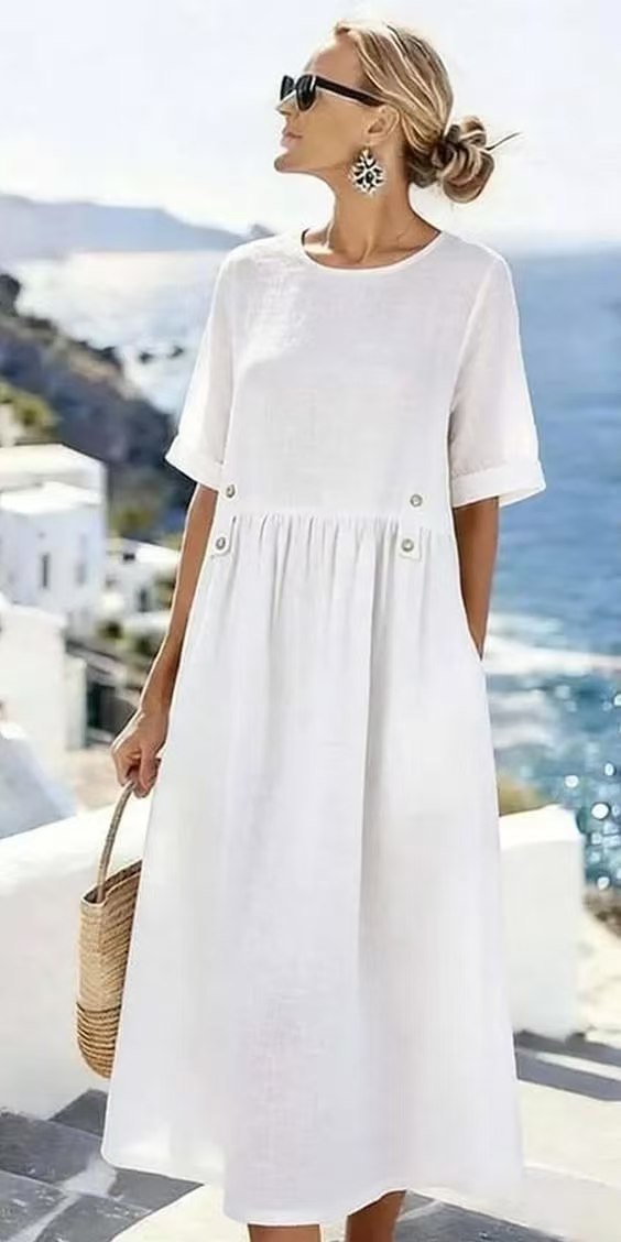 Damen Langes Leinenoptik-Sommerkleid mit geraffter Taillenpartie und Eingrifftaschen – Lunéa