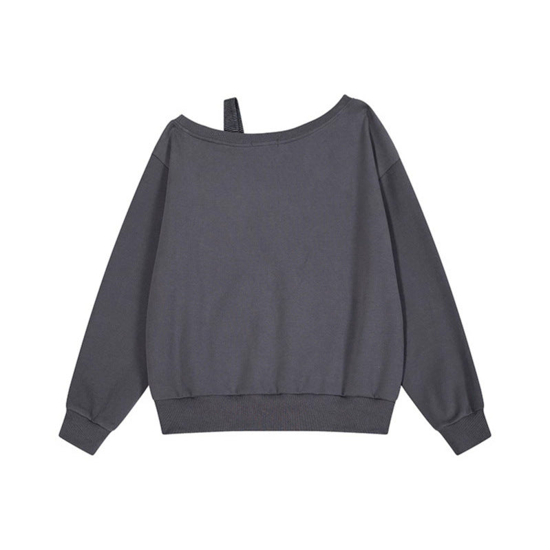Damen Oversize-Sweatshirt mit asymmetrischem One-Shoulder-Träger, Kängurutasche und Nieten Echoarchiv