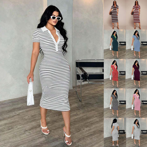 Damen Figurbetontes Polokleid im Streifen‑Look aus Rippstrick mit kurzem Ärmel – Élara