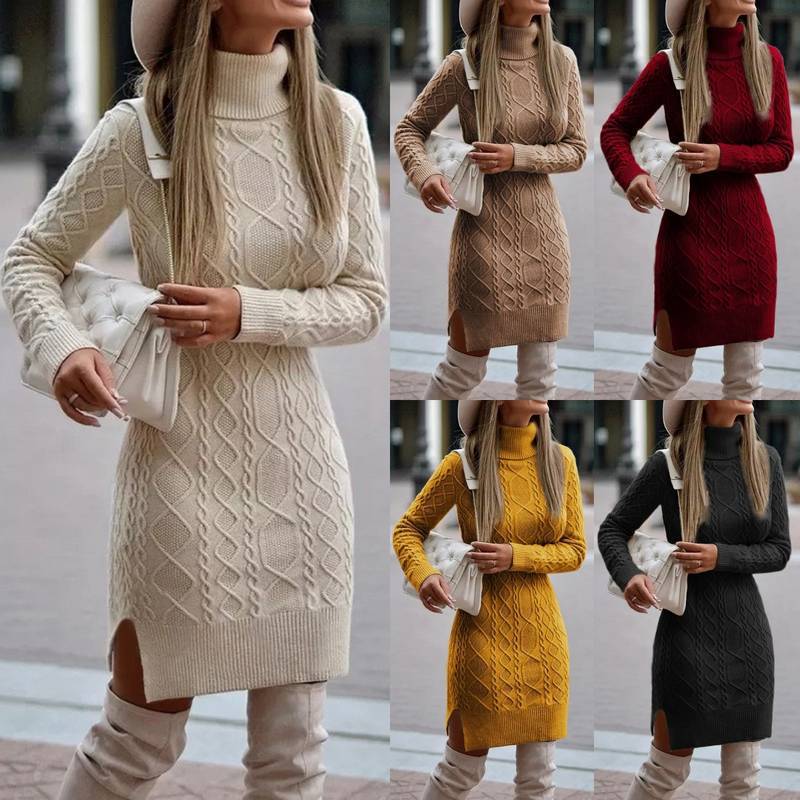 Damen nan figurbetontes Strickkleid mit Rollkragen, Zopfmuster, seitlichem Schlitz und geripptem Saum Echo Archiv