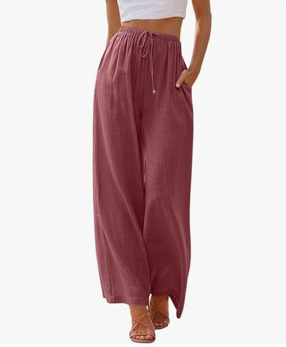 Damen nan weite Leinenhose mit elastischem Bund Kordel und Seitentaschen Echo Archiv