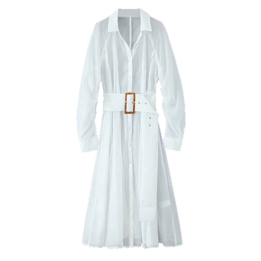 Damen Transparentes Hemdblusenkleid mit weitem Taillengürtel und Volantrock Echoarchiv