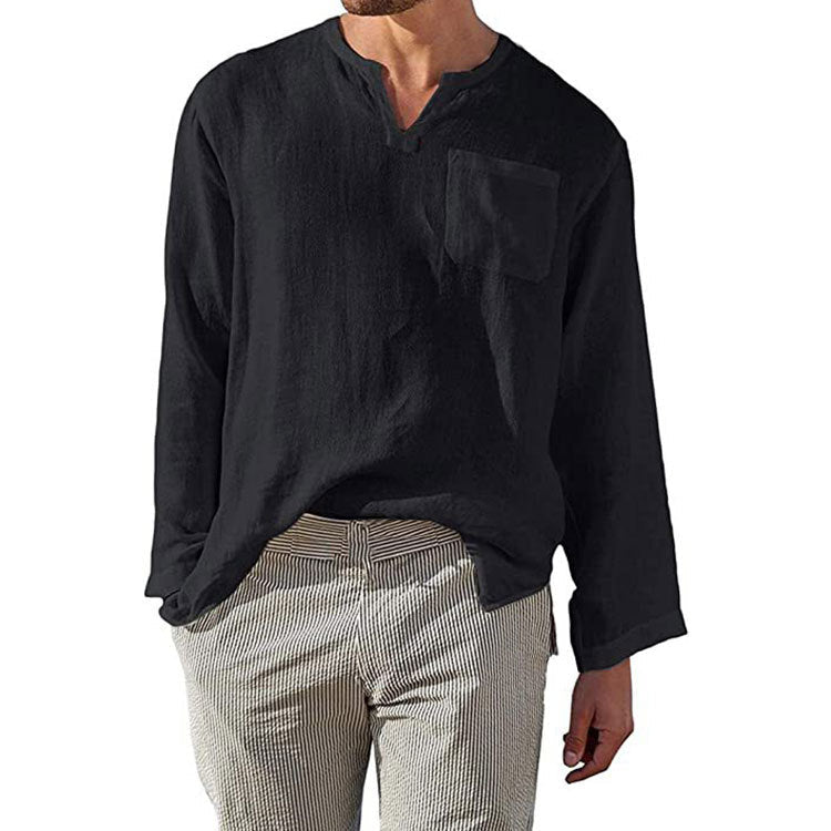 Herren Leinen Langarmshirt mit Henley-Ausschnitt und Brusttasche Echoarchiv
