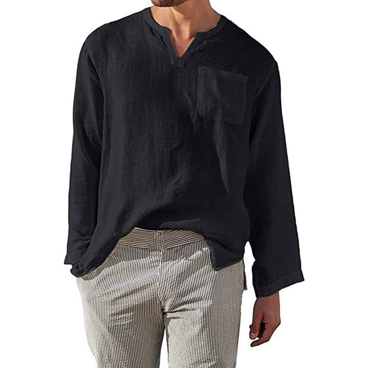 Herren Leinen Langarmshirt mit Henley-Ausschnitt und Brusttasche Echoarchiv