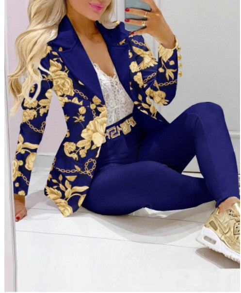 Damen Zweiteiliges Blazer-und-Hose-Set mit Schmetterlingsprint und glamourösem Glitzereffekt – Valéne