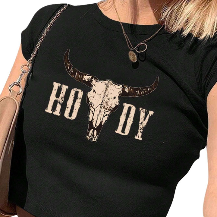 Damen Crop-T-Shirt mit kreativen Cow Skull Design Echo Archiv