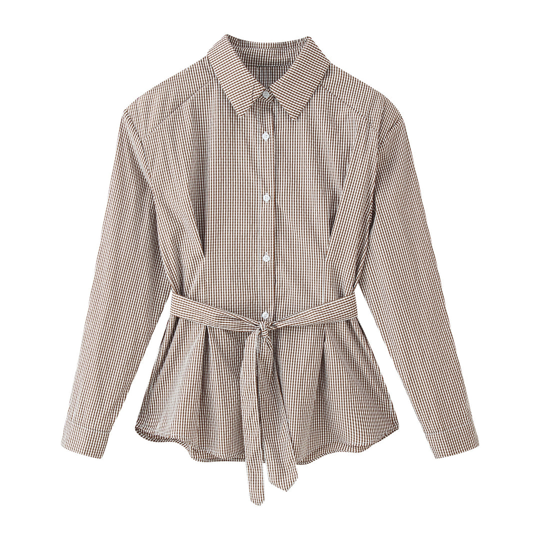 Damen Karo-Hemdbluse mit Taillengürtel und ausgestelltem Volant-Saum Echoarchiv