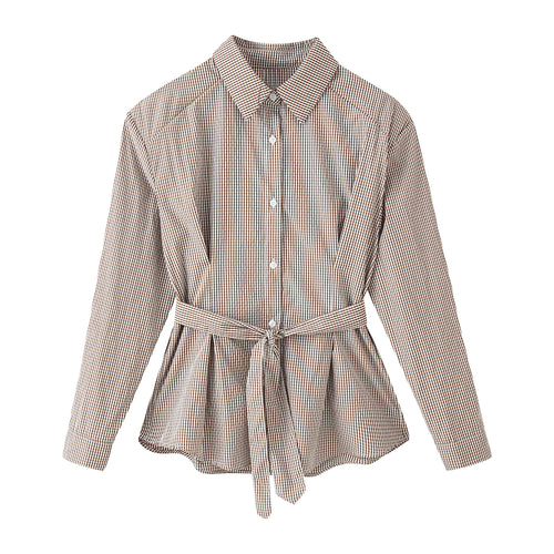 Damen Karo-Hemdbluse mit Taillengürtel und ausgestelltem Volant-Saum Echoarchiv