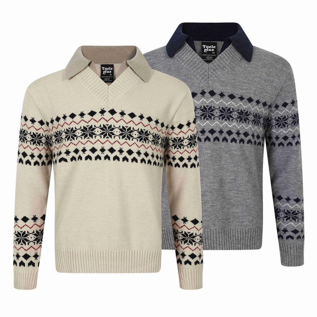 Herren Norweger-Strickpullover mit V‑Ausschnitt und kontrastierendem Hemdkragen Echoarchiv