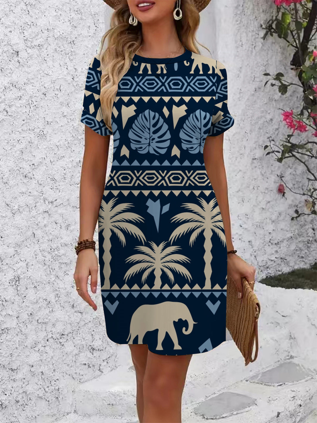 Damen lässiges Kurzarmkleid mit modernem Hahnentrittmuster und bequemer Passform Echo Archiv