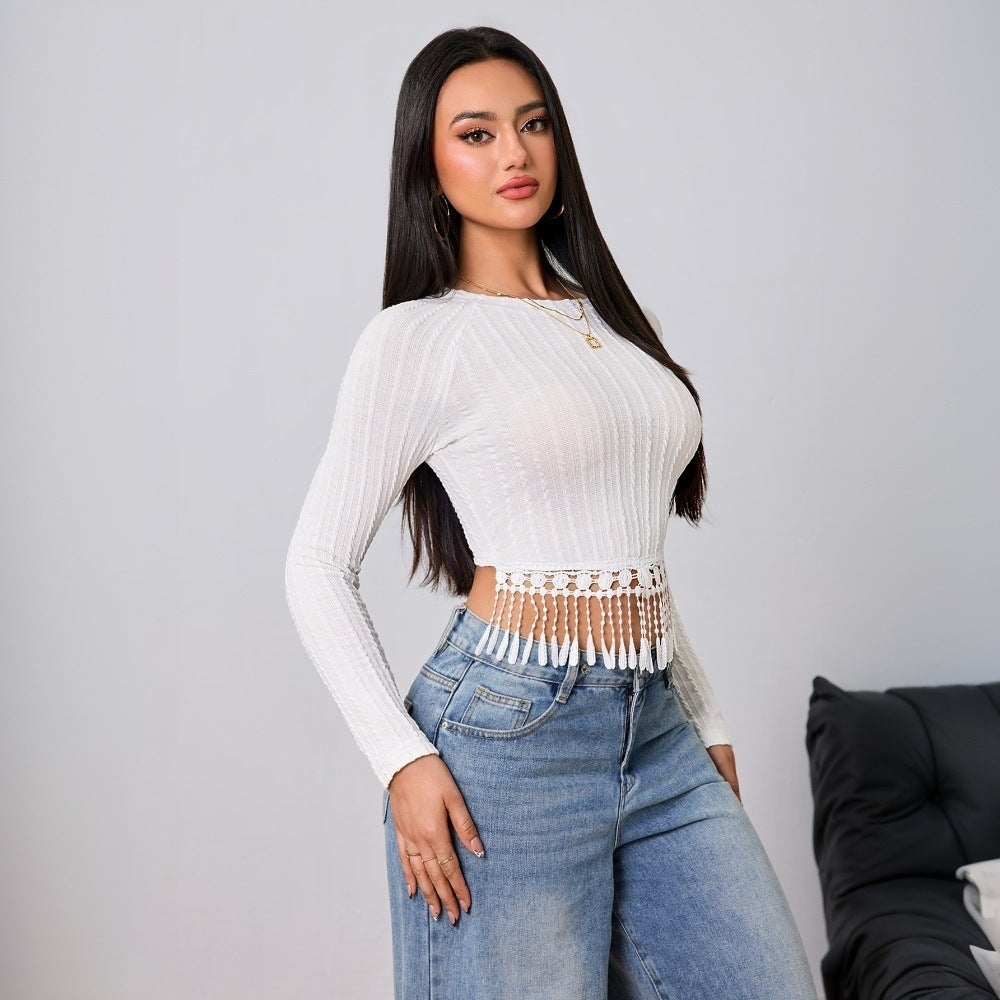 Damen gehäkeltes Crop-Longsleeve mit Fransen-Bordüre und Rippstruktur – Avérine