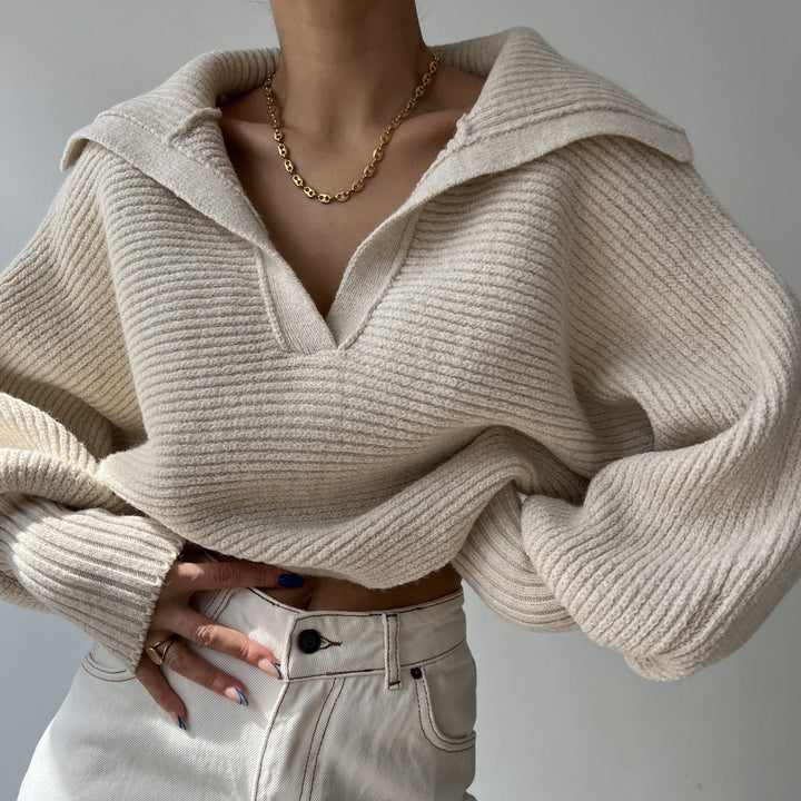 Damen kurzes geripptes Strickpullover mit weitem Matrosenkragen und Ballonärmeln – Mavelle