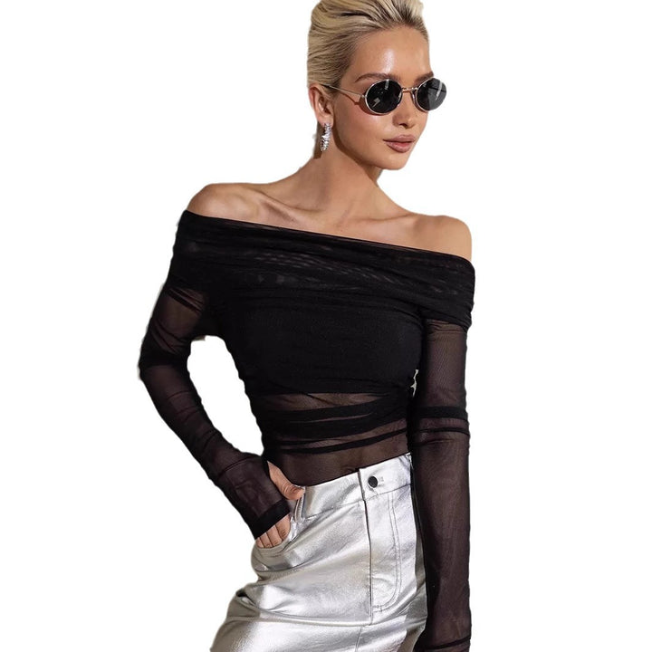 Damen Offshoulder Langarm-Top aus transparentem Netzmaterial Echo Archiv
