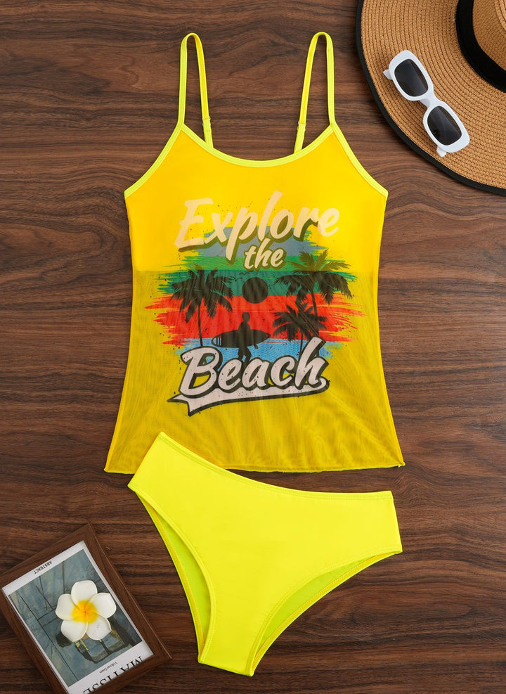 Damen Tankini-Set mit sportlichem Grafikdesign und hoch tailliertem Höschen Echo Archiv